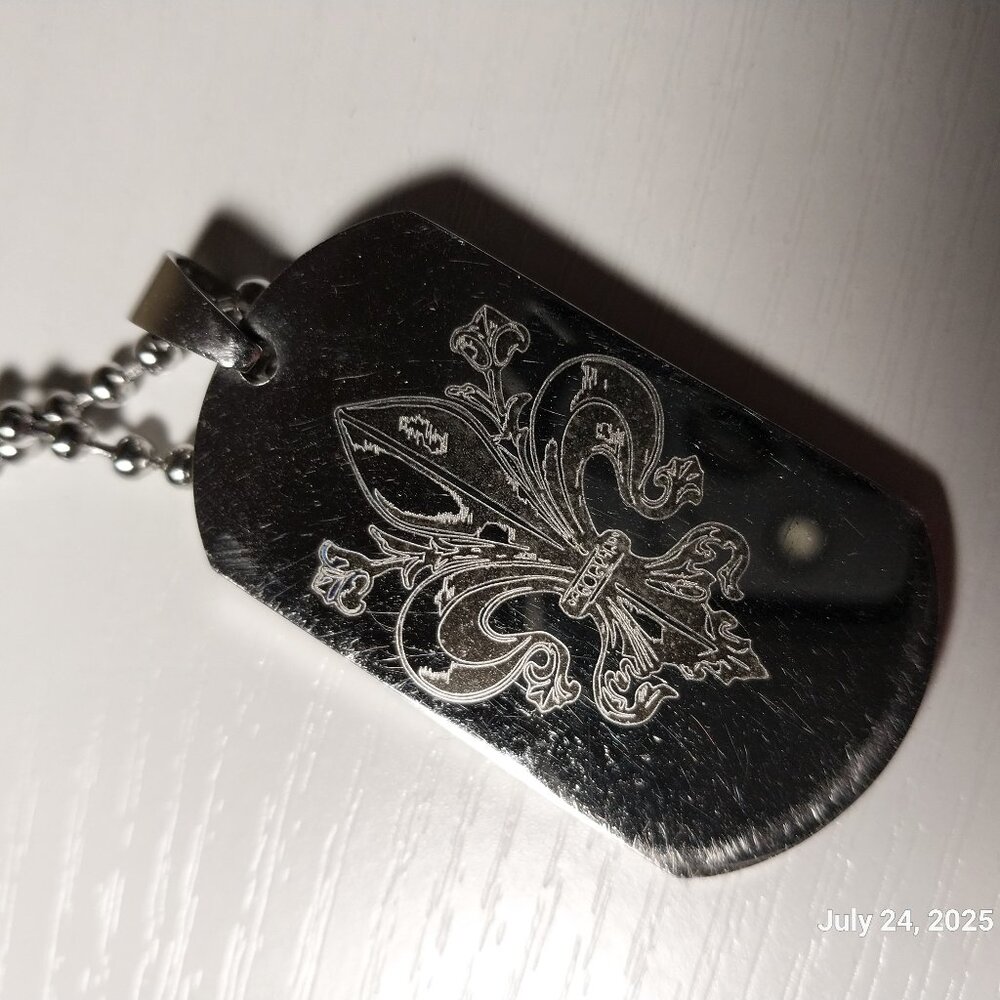 Stainless Steel Antique Fleur De Lis Engraved Dog Tag Pendant Necklace 24 inch